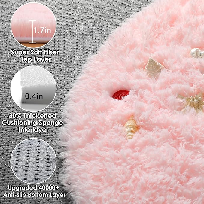 ONASAR Light Pink Round Area Rugs 2ft for Bedroom Living Room, Fluffy Cat Dog Bed Mat, Circle Rug for Kids Girls Boys Teen, Soft Plush Shaggy Carpet for Nursery Dorm Home Decor Aesthetic