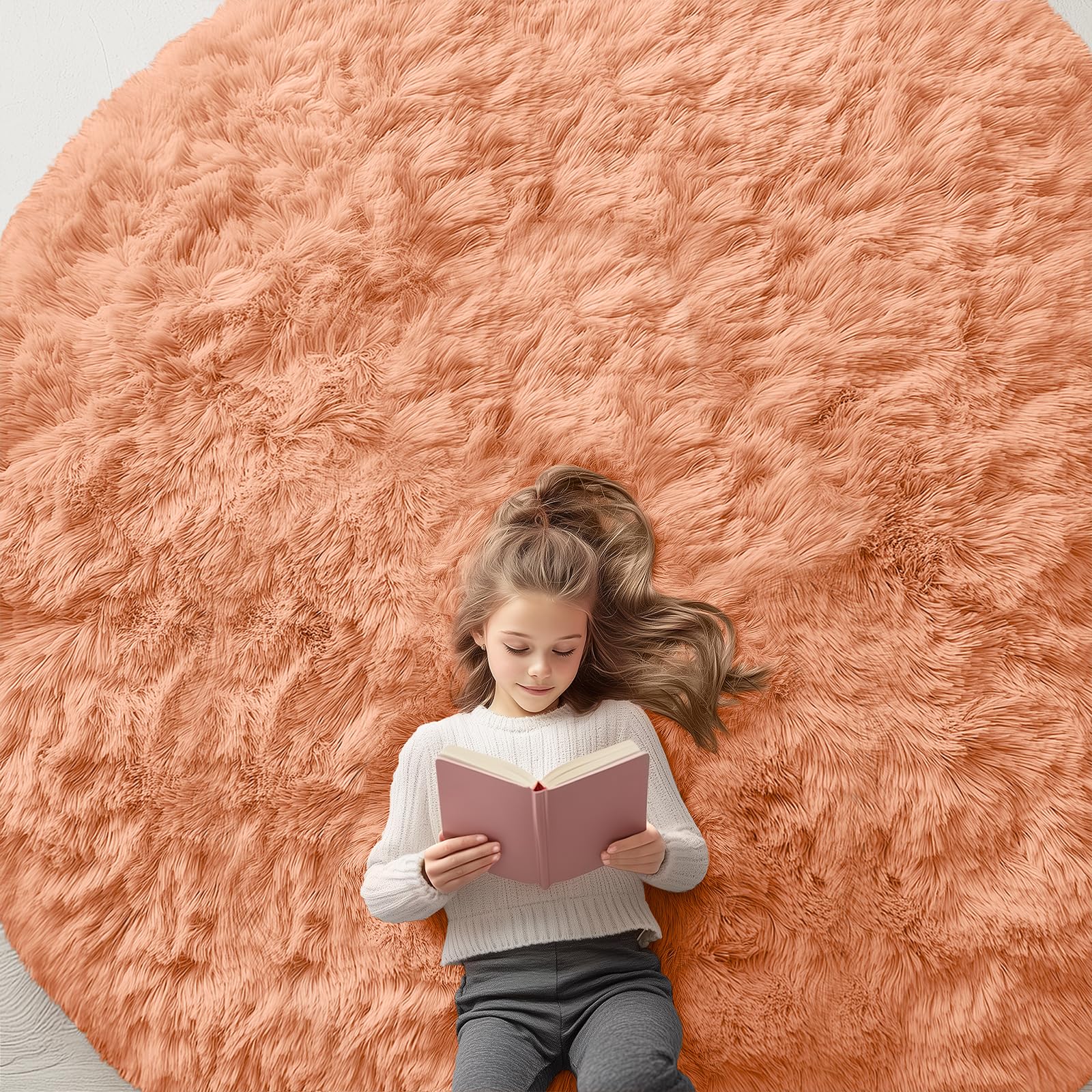 OLANLY Muted Orange Round Rugs for Bedroom - Machine Washable, 8 ft Circle Area Rugs for Living Room, Soft and Fluffy Shaggy Carpet for Teen Girl and Boys, Nursery Rooms, Dorms, Home Decor Aesthetic