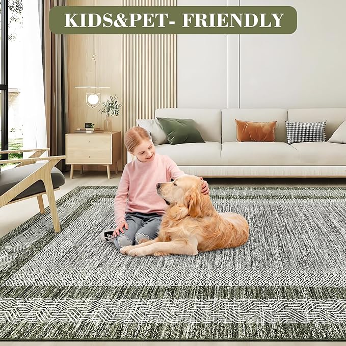 GarveeHome Modern Geometric Area Rug 2x3 Distressed Bordered Washable Non Slip Floor Small Carpet Non Shedding Thin Soft Low Pile Rug, Contemporary Green Rug for Dining Room, Living Room