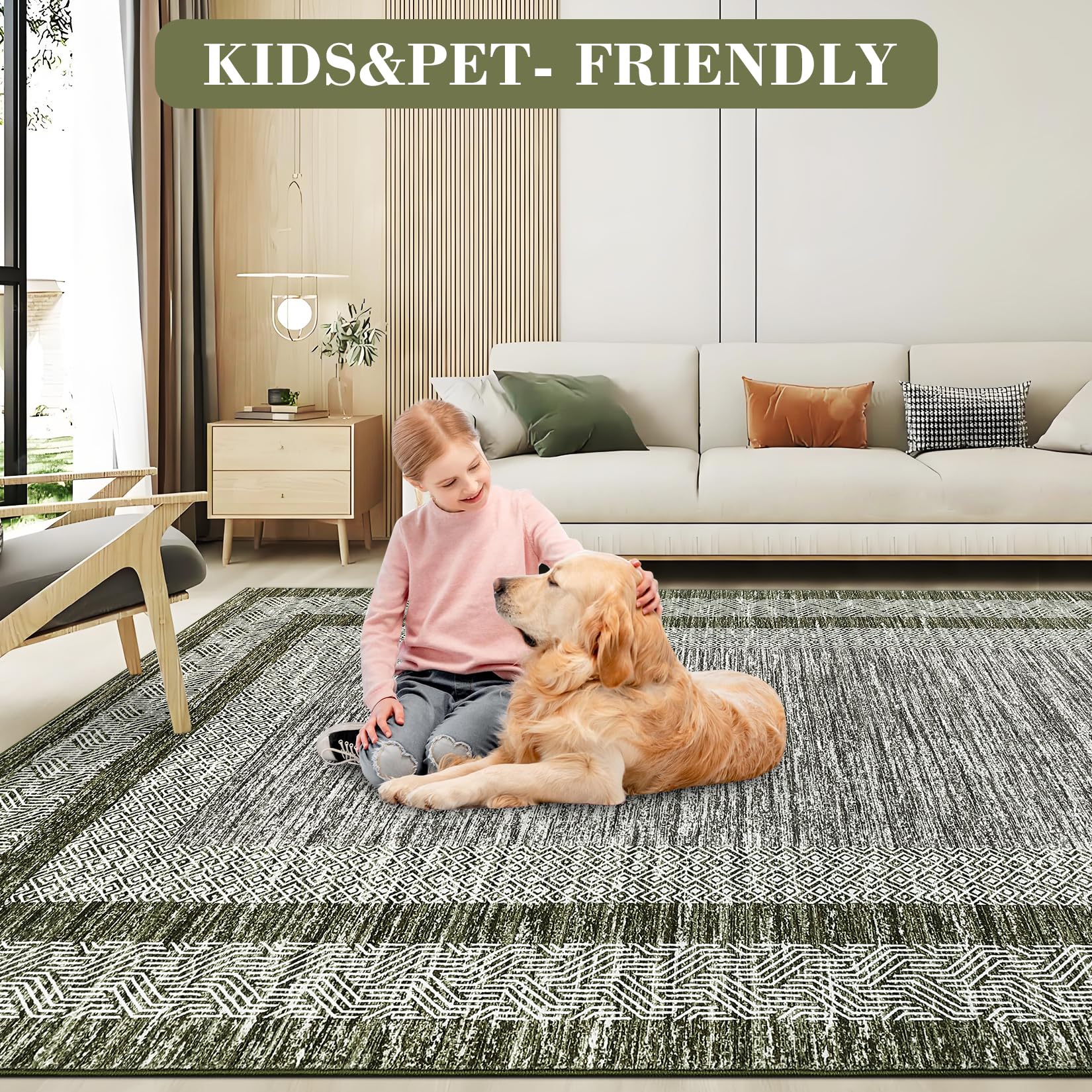 GarveeHome 9x12 Large Modern Navy Green Area Rug Distressed Bordered Soft Non Shedding Floor Carpet