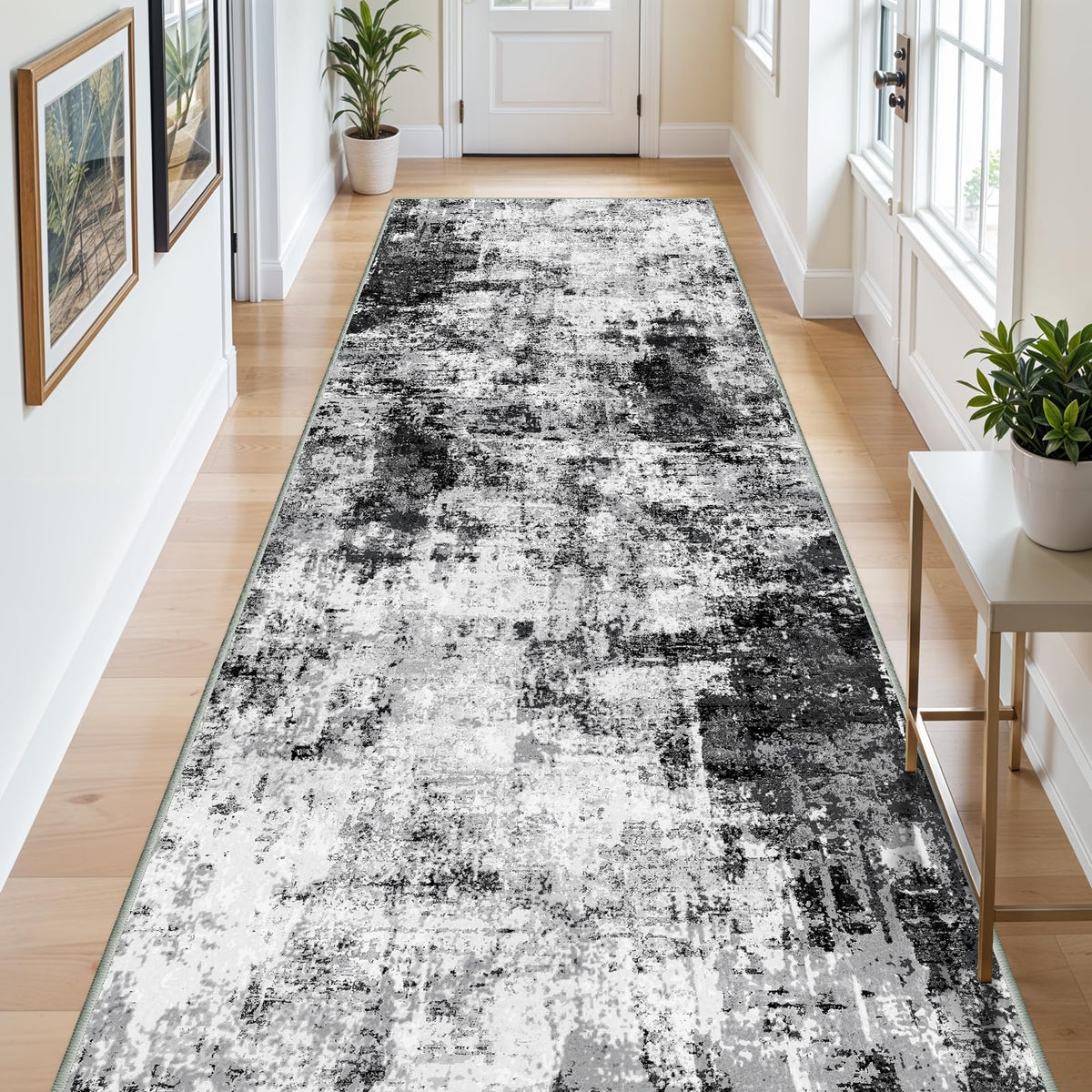 3x12 Washable Hallway Runner Rug: Extra Long Runners for Entryway Living Room Dining Room - Stain and Water Resistant Rugs with Non-Slip Backing - Soft Low-Pile Carpet 12ft Beige Grey