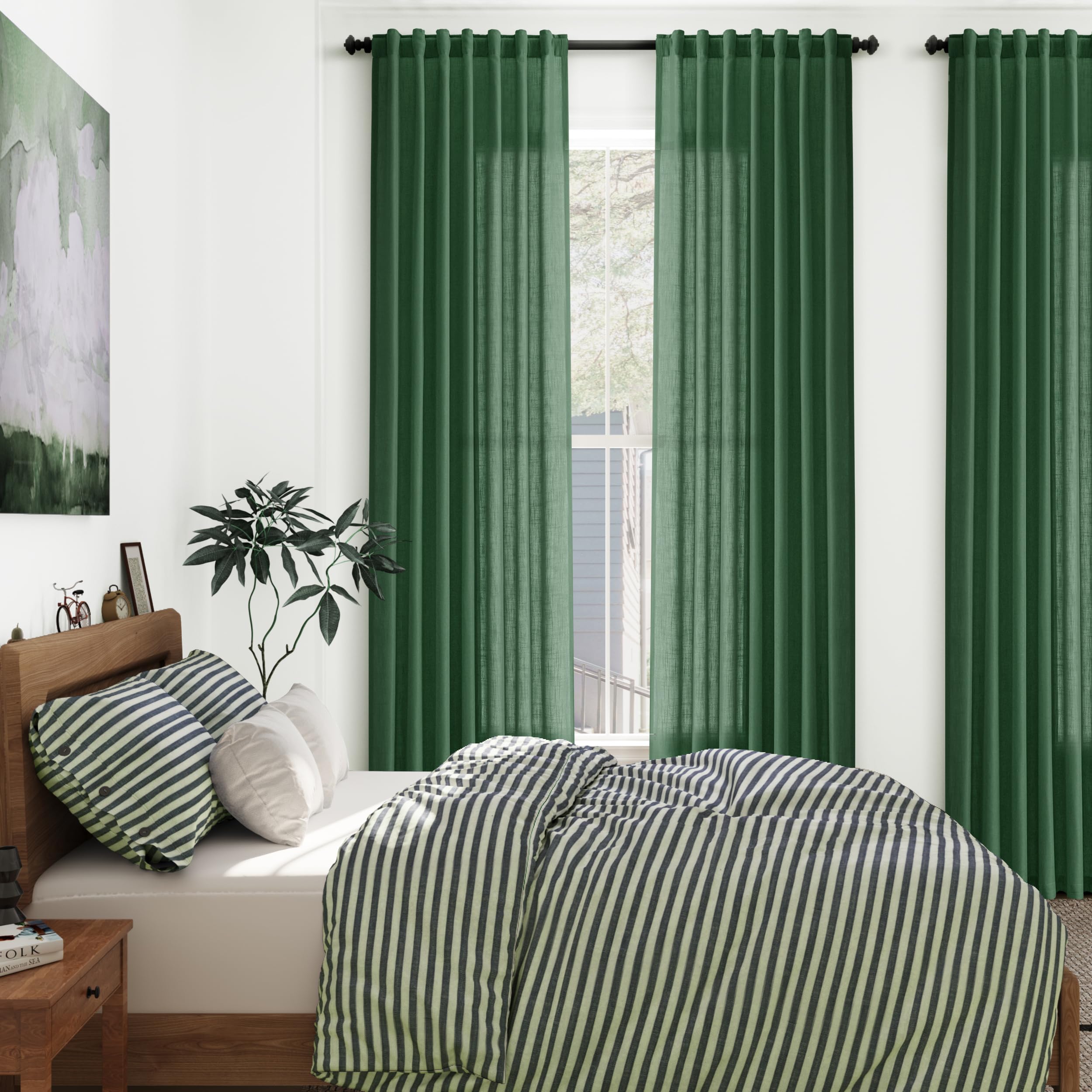Green Semi Sheer Curtains 120 Inches Long 2 Panels Set Back Tab Loop Pocket Linen Blend Boho Large Window Curtain Extra Long Light Filtering Drapes High Ceiling Curtains for Living Room 52x120