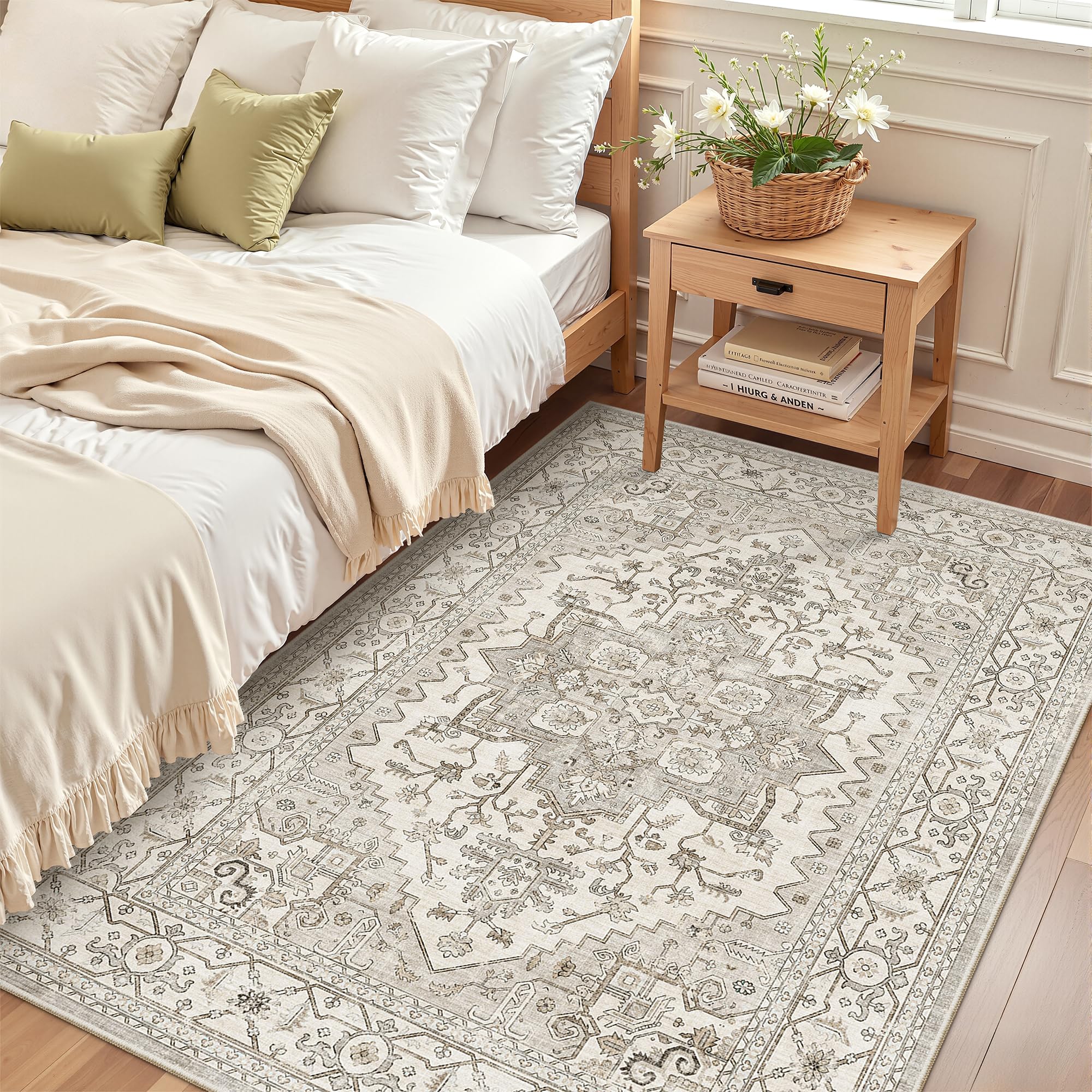 Madane Area Rug 4x6 Washable Rugs Vintage for Living Room, Beige/Brown