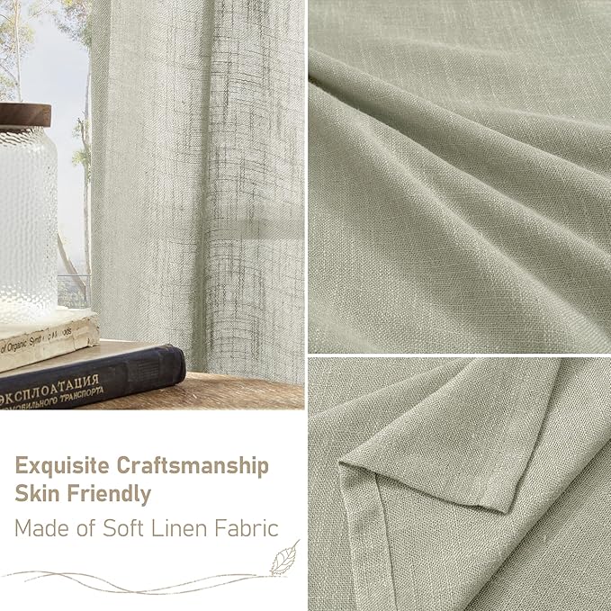 LAMIT Sage Grey Linen Curtains 90 Inch for Living Room, Semi Sheer Panels