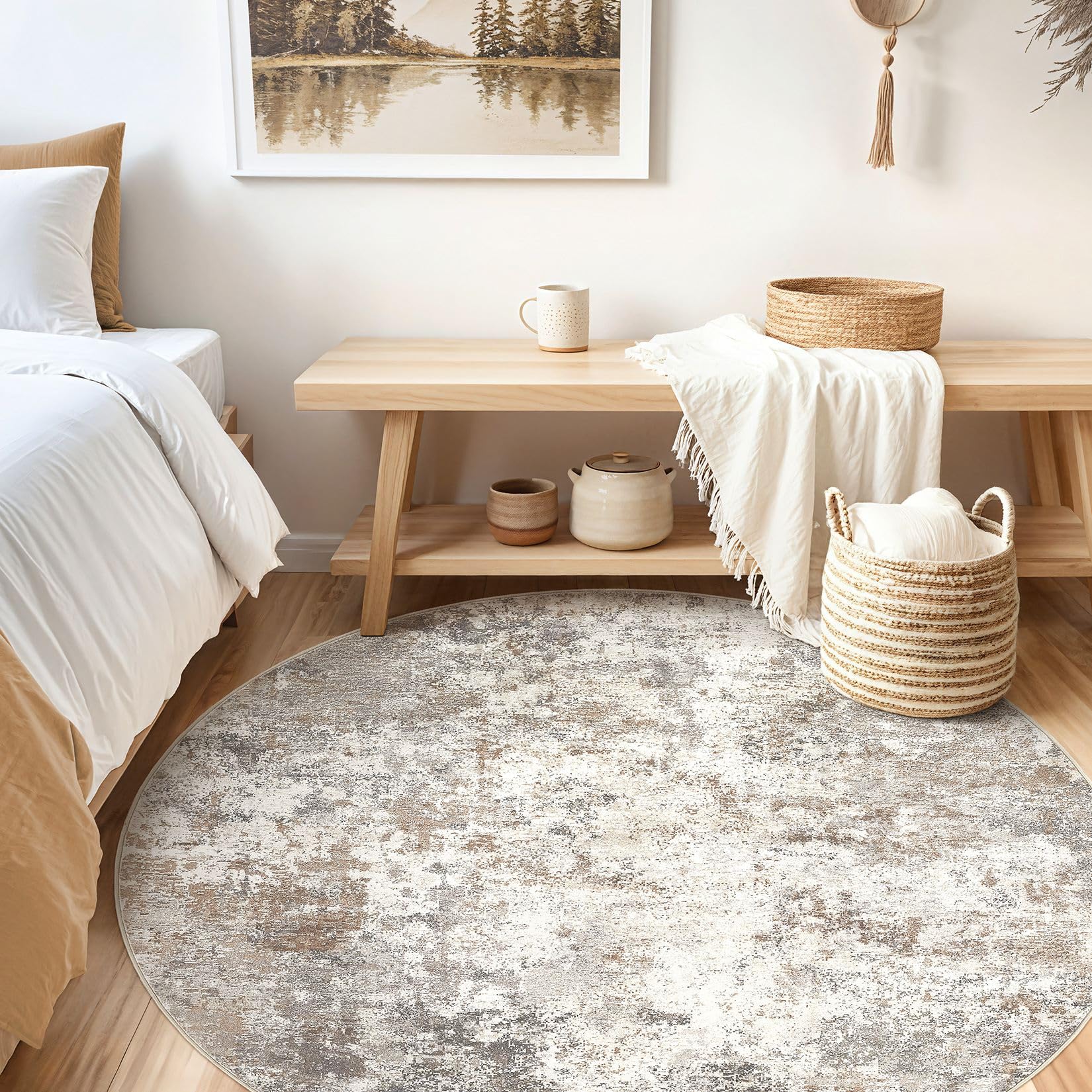 UERMEI 6ft Round Area Rug Living Room Rugs - 6x6 Washable Neutral Modern Abstract Soft Thin Rug Indoor Floor No Slip Rug Carpet for Bedroom Under Dining Table Home Office Decor - Brown Grey