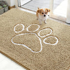 OLANLY Dog Door Mat for Muddy Paws 48x30, Paw Print Design, Absorbs Moisture and Dirt, Absorbent Non-Slip Washable Doormat, Quick Dry Chenille Mud Mat for Dogs, Entry Indoor Entryway Carpet, Beige