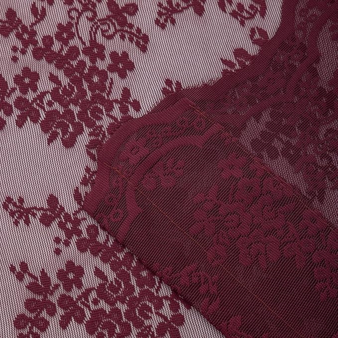 YJ YANJUN Vintage Lace Curtains 45 Inch Length-Victorian Floral Pattern Burgundy Sheer Curtain Panels for Kitchen Bathroom Laundry Room Small Windows Light Filtering 2 Panels 52W x 45L Red Wine