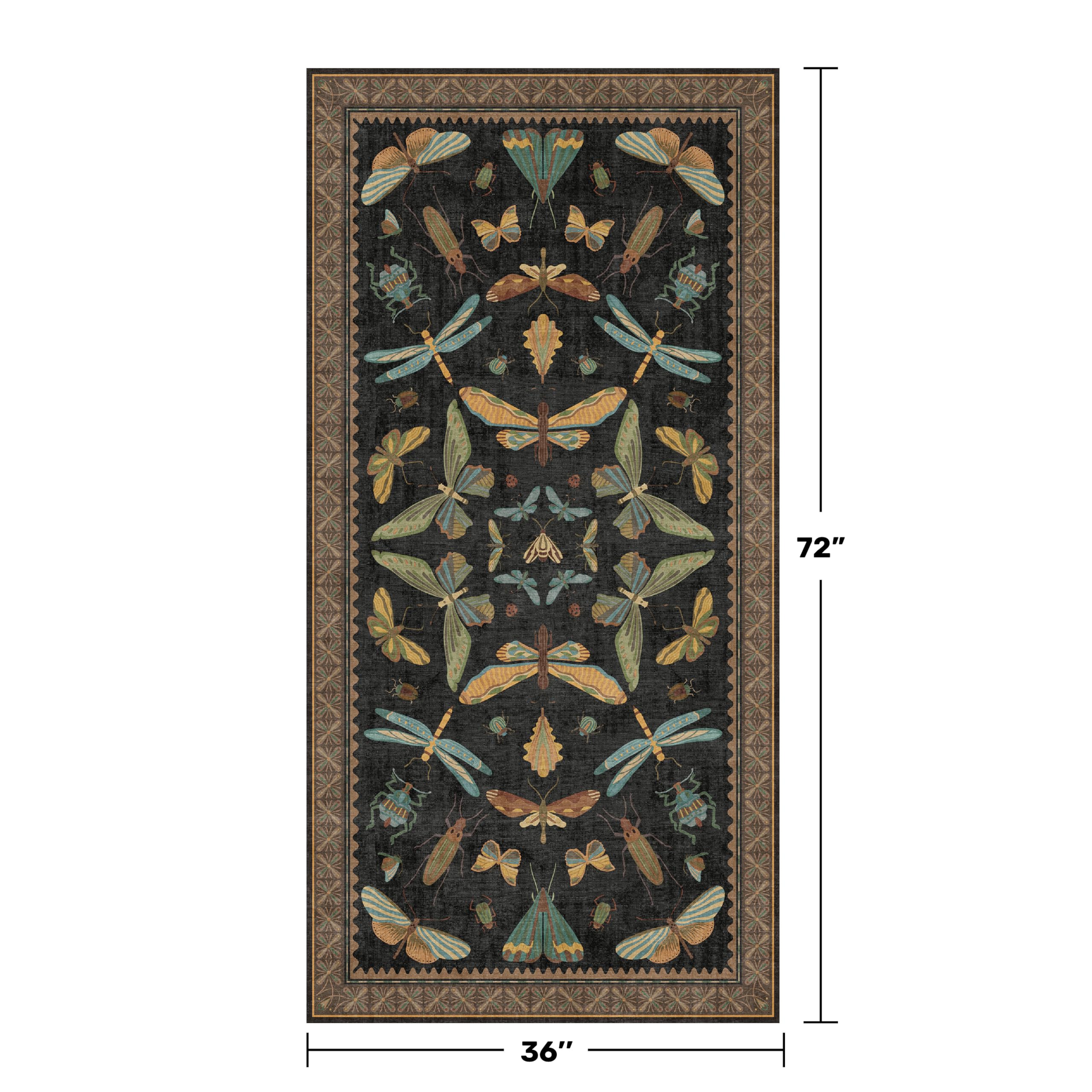 Green and Black Rug for Entryway Indoor- 3x6 Kitchen Floor Mats Non Slip, Washable Dark Unique Insect Print Rugs for Entry Way, Mudroom, Vintage Stain Resistant Indoor Décor