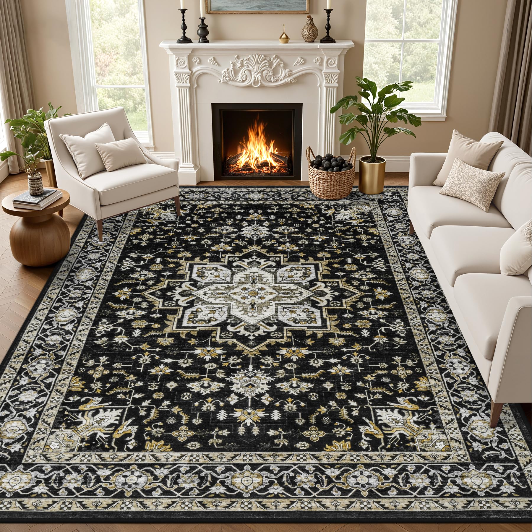 ExpediX 9x12 Area Rugs Living Room: Washable Rug for Bedroom Black Gold