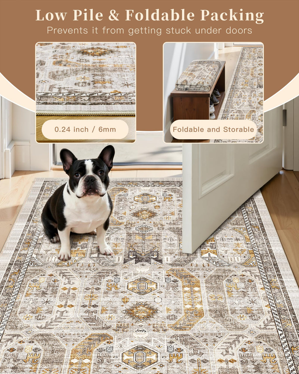 Madane Washable Runner Rug 3x6 Runners for Hallways Non Slip, Brown/Gold