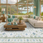Hazo Haus Blue and Green Living Room Rug 7x10 - Cream Oushak Vintage Boho Floral Farmhouse, Washable Low Pile Non-Slip Extra Large Area Rugs for Bedroom, Kids, Lounge