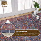 Washable Area Rug 8' x 10' Vintage Traditional Persian Mat - Foldable Distressed Non-Slip Machine Washable Carpet for Living Room Bedroom Kitchen Home Decor - Indigo and Crimson