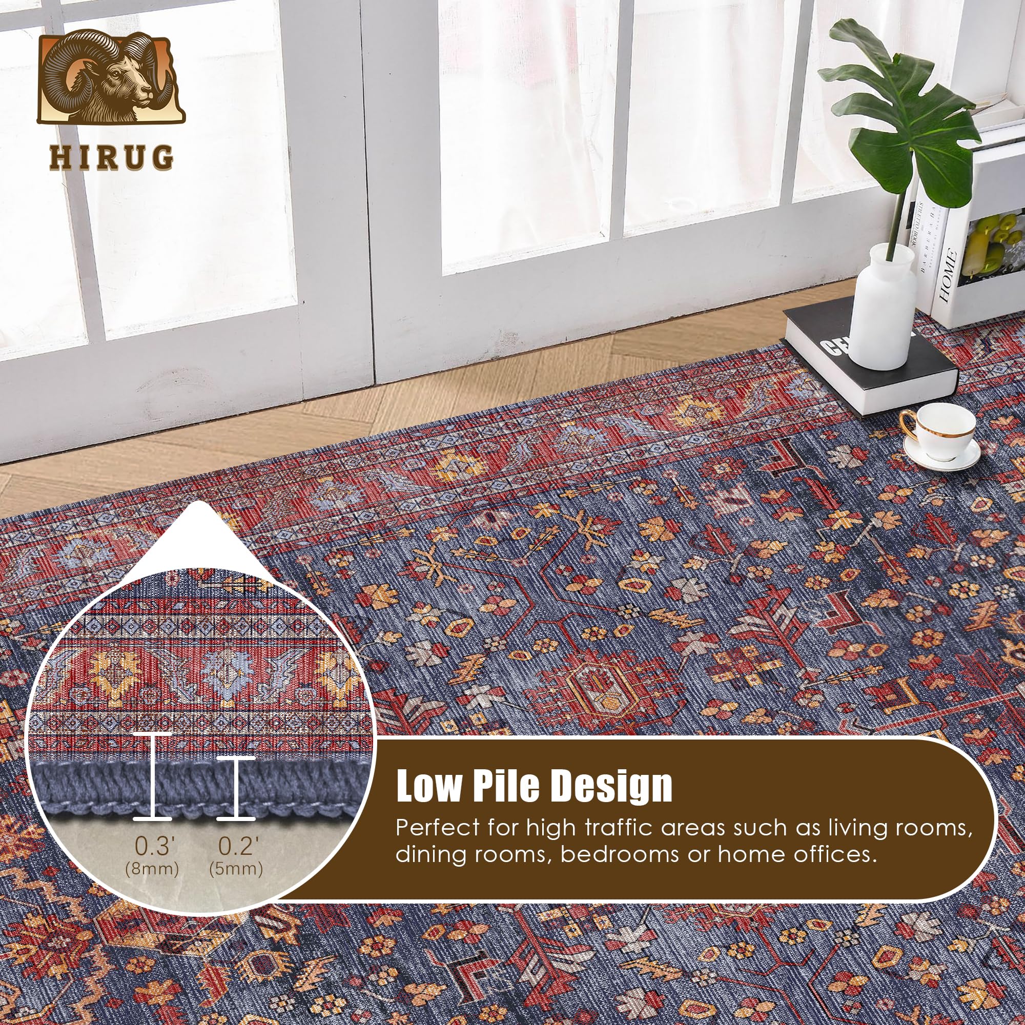 Washable Area Rug 8' x 10' Vintage Traditional Persian Mat - Foldable Distressed Non-Slip Machine Washable Carpet for Living Room Bedroom Kitchen Home Decor - Indigo and Crimson