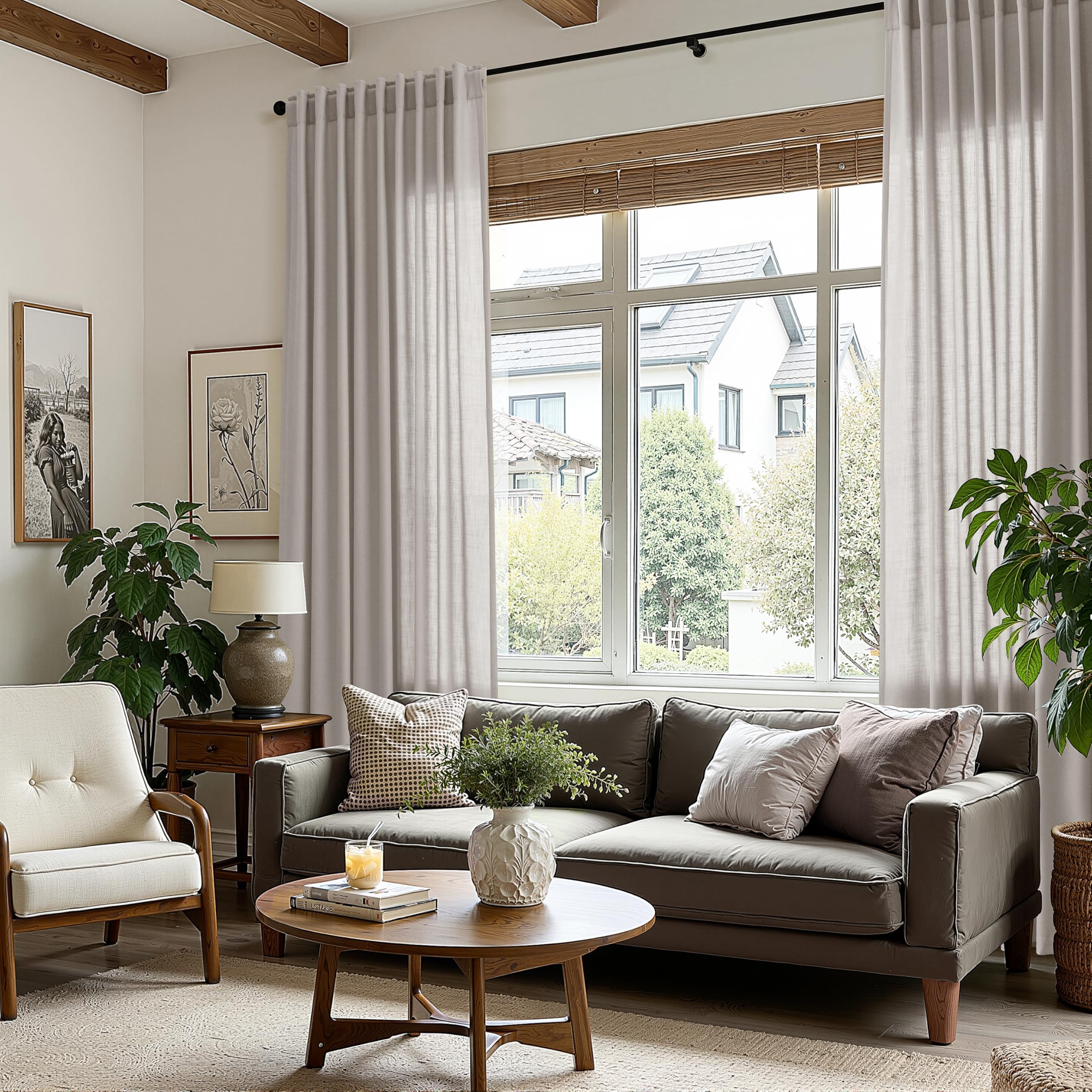 Nanspring Stone Grey Linen Curtains 84 Inch Length 2 Panels Set for Living Room Simple Modern Light Filtering Semi Sheer Curtain Back Tab and Rod Pocket Neutral Luxury Drapes for Bedroom Office 52x84