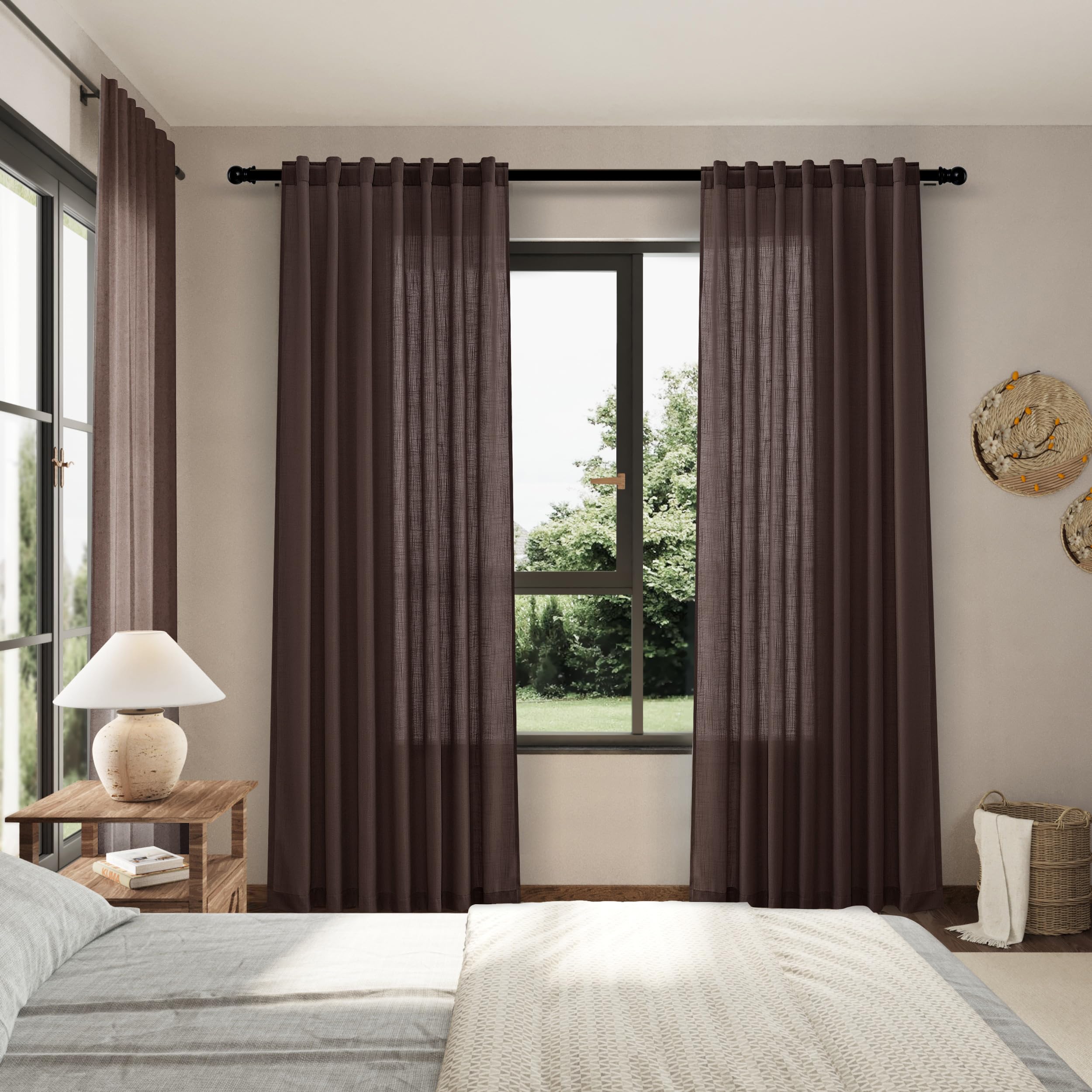 Nanspring Coffee Linen Blend Drapes 84 Inch Length 2 Panels Set Back Tab Rod Pocket Light Filtering Privacy Semi Sheer Textured Curtains Neutral Farmhouse Decor Curtains for Living Room Bedroom 52x84