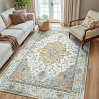 RELEANY Area Rugs 5'x8' Washable Non-Slip, Floral Vintage Distress Print Pattern Medallion Carpet for Living Room Bedroom Dining Room, Light Yellow Carbon Grey Orange