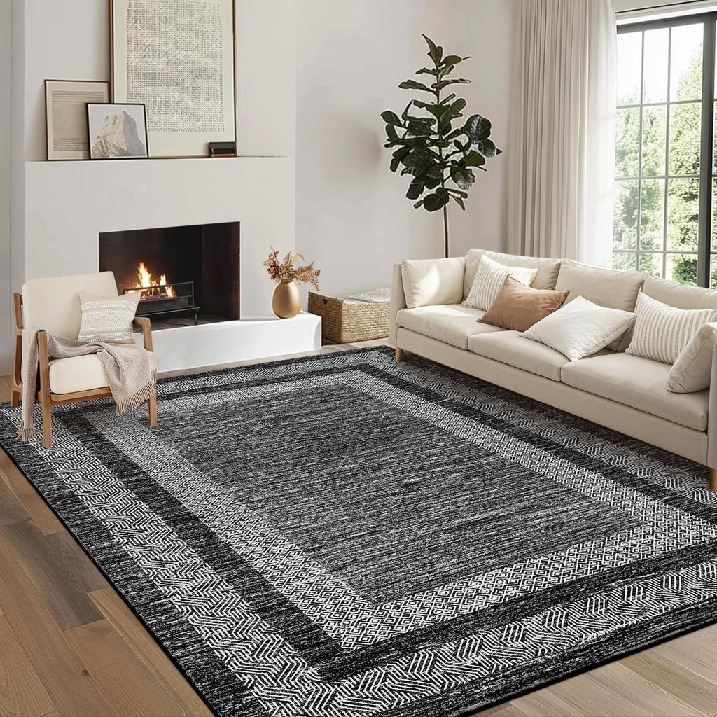 GarveeHome 8x10 Large Washable Area Rug Modern Bordered Distressed Geometric Floor Carpet