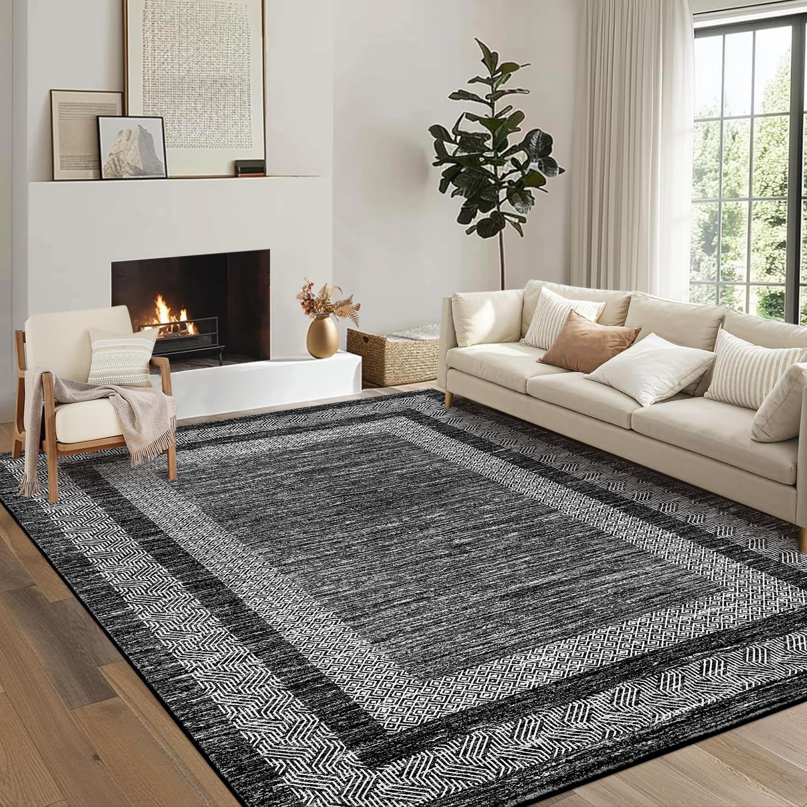 GarveeHome 8x10 Large Washable Area Rug Modern Bordered Distressed Geometric Floor Carpet