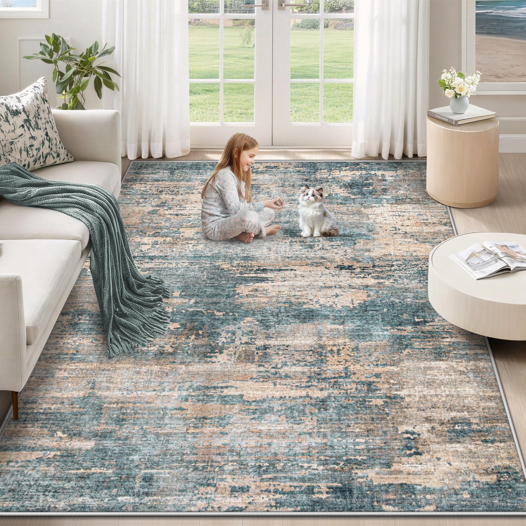 XLUEZ 5x7 Area Rugs for Living Room, Washable Modern Abstract Large Area Rug Neutral Soft Non Slip Kids Rug Stain Resistant Indoor Carpet for Bedroom Nursery Dining Room Playroom(GreenBrown, 5'x7')