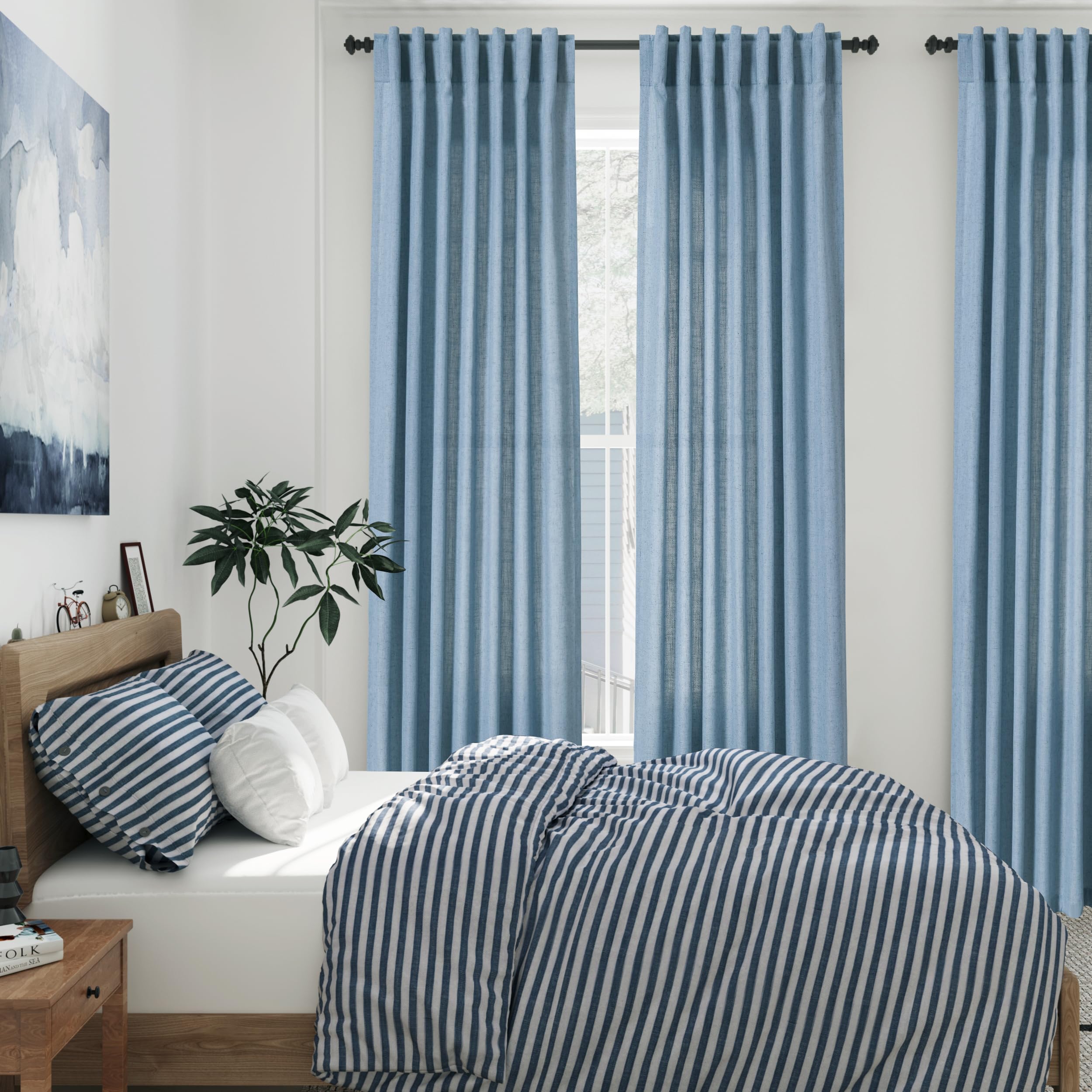 Nanspring Dusty Blue Linen Back Tab Curtains 94 Inch Length for Living Room 2 Panel Set Neutral Modern Farmhouse Window Curtain Privacy Semi Sheer Linen Drapes Rustic Country Window Treatment 52x94