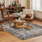 Washable Area Rug 8' x 10' Vintage Traditional Persian Mat - Foldable Distressed Non-Slip Machine Washable Carpet for Living Room Bedroom Kitchen Home Decor - Slate and Multicolor
