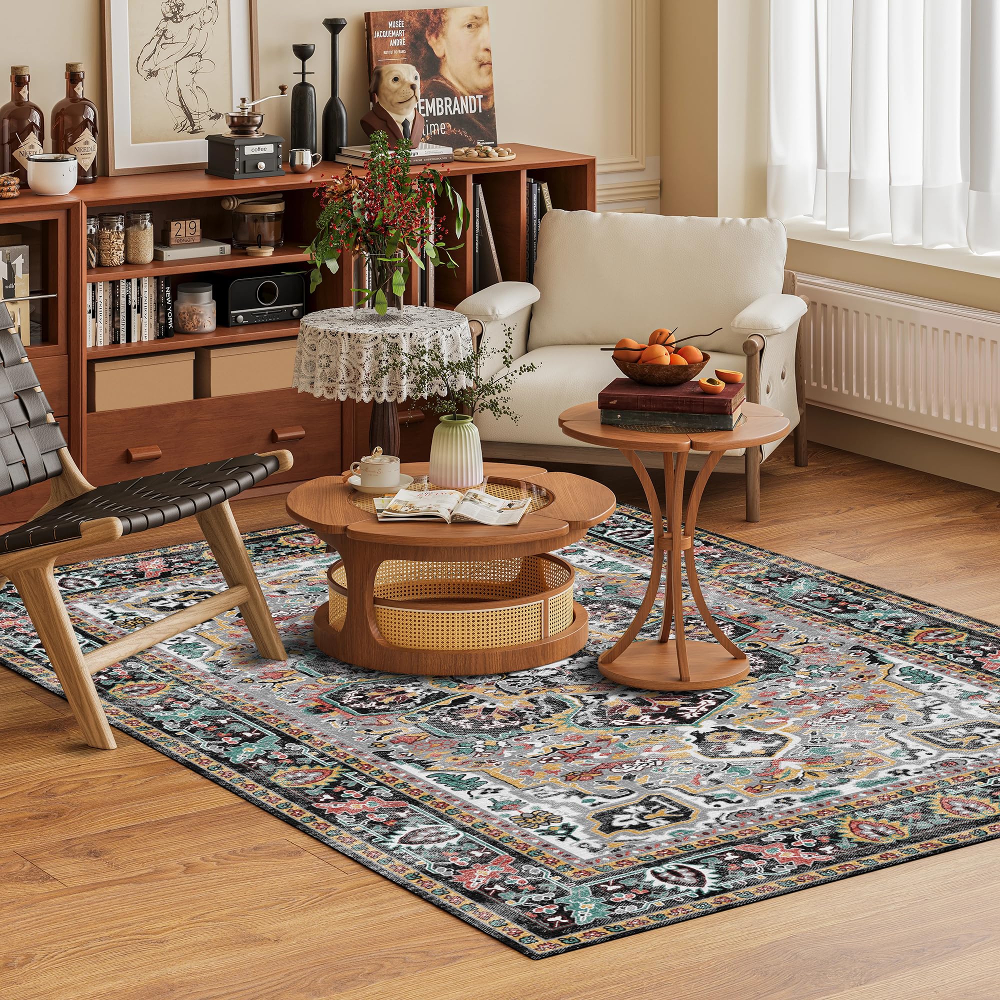 Washable Area Rug 3' x 5 ' Vintage Traditional Persian Mat - Foldable Distressed Non-Slip Machine Washable Carpet for Living Room Bedroom Kitchen Home Decor - Slate and Multicolor