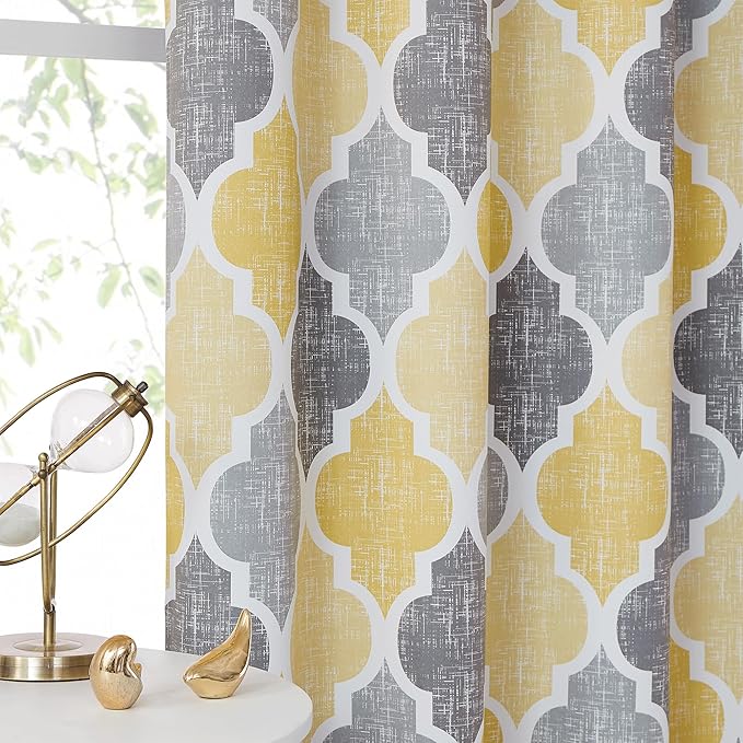 Beauoop Blackout Window Valances Curtains Geometric Quatrefoil Trellis Printed Room Darkening Thermal Insulated Rod Pocket Short Valance Curtains Cafe Bathroom, Yellow/Gray, 50" W x 18" L, 1 Panel