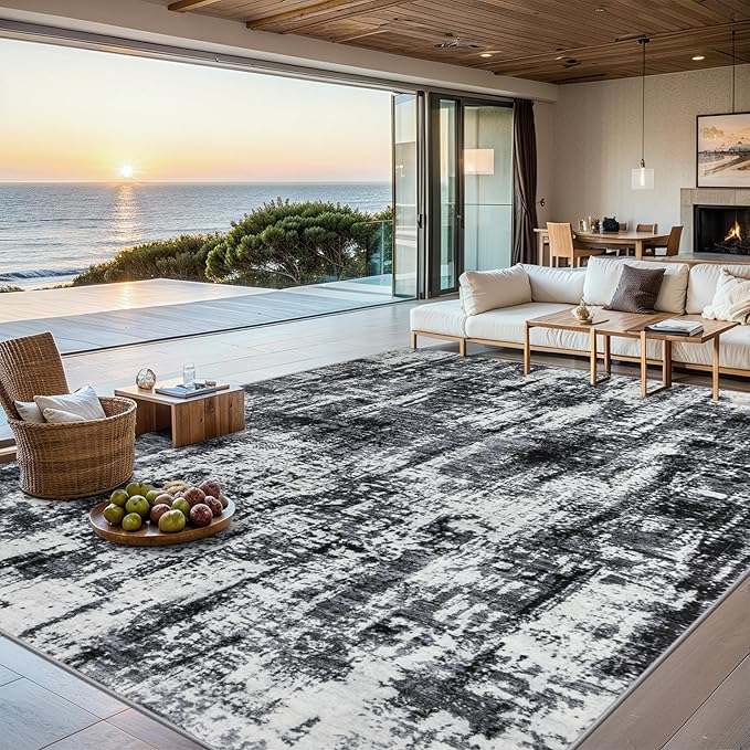 8x10 Area Rugs for Living Room - Washable Rug Modern Abstract Soft Large Neutral Non-Slip Carpet Indoor Floor Thin Carpets for Bedroom Dining Room Farmhouse Nursery Home Office Black