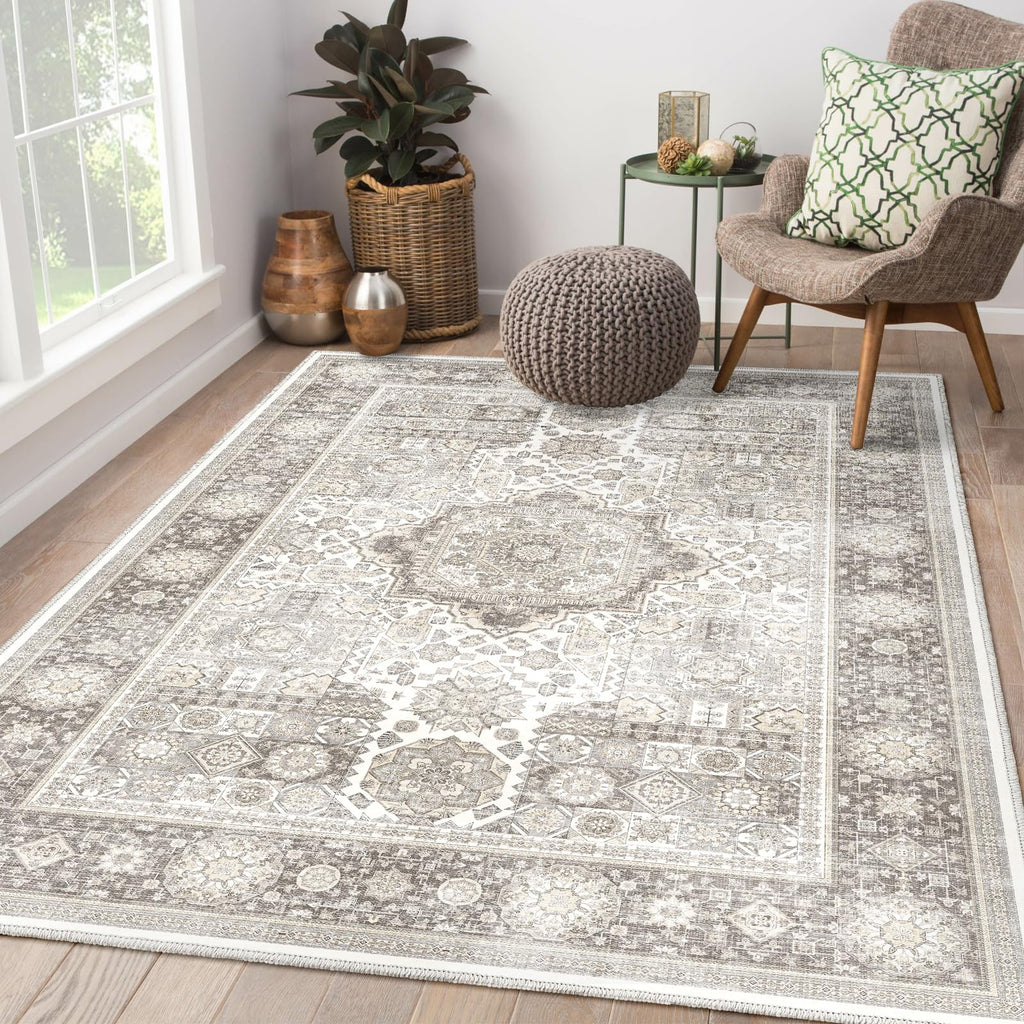 8x10 Rug Cream & Grey Foldable Area Rugs Distressed Pattern Carpet