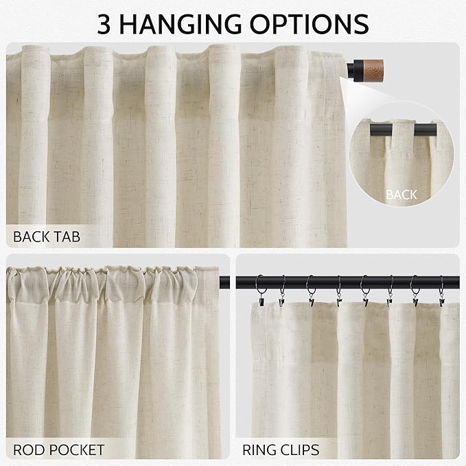 Nanspring Vanilla Curtains 90 Inches Long for Living Room Linen Light Filtering Semi Sheer Curtain Back Tab Rod Pocket Modern Farmhouse Decor Elegant Coastal Drapes for Bedroom 52x90, 2 Panels