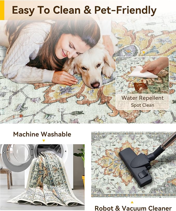 Area Rugs 2'6''x14' Runner Rug Non Slip Washable for Kitchen Hallway Bedroom Beside Laundry Room Bathroom Rug, Floor Carpet, Light Yellow Carbon Grey Orange
