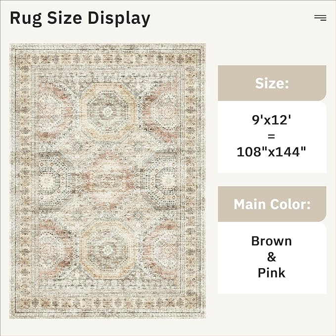 Soalmost 9x12 Area Rugs for Living Room Washable Rug Non-Slip Brown/Pink