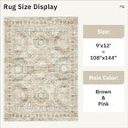 Soalmost 9x12 Area Rugs for Living Room Washable Rug Non-Slip Brown/Pink
