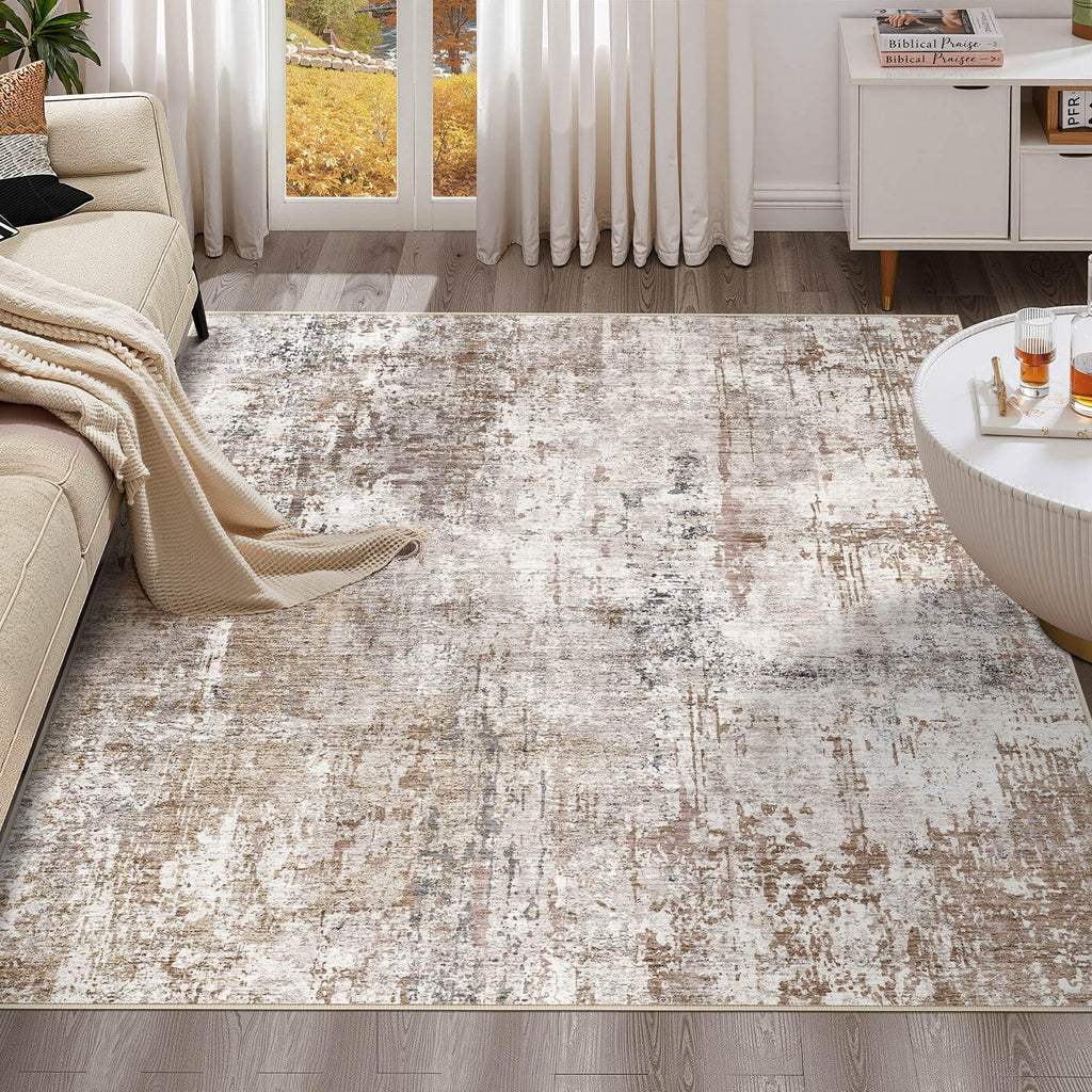 UERMEI Square Area Rugs: Washable 6x6 Neutral Modern Abstract Carpet for Living Room Bedroom - Soft Floor Mat with Non Slip Backing for Kitchen Nursery Dorms Farmhouse Home Decor - Brown/Grey/Red