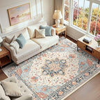RELEANY Area Rugs 6'x9' Washable Non-Slip, Floral Vintage Distress Print Pattern Medallion Carpet for Living Room Bedroom Dining Room, Beige Navy Blue Orange Colorful