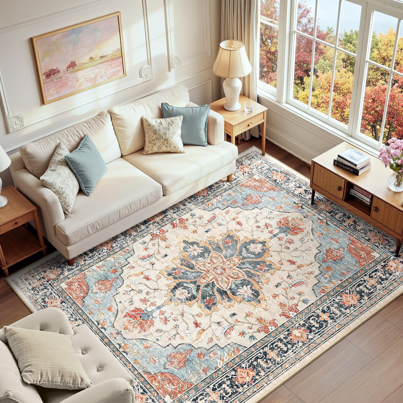RELEANY Washable Area Rug, 6'x9', Beige/Blue/Orange