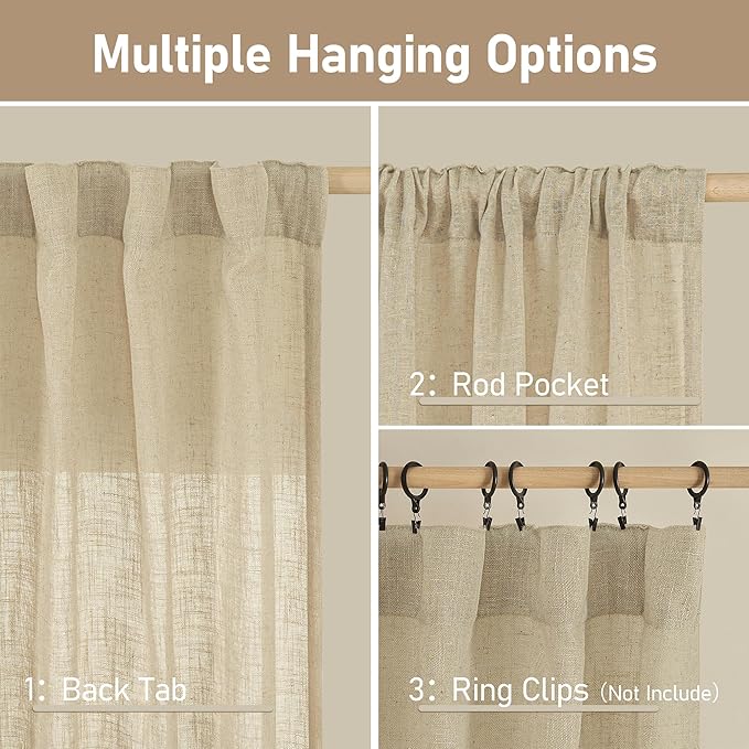 LAMIT Light Filtering Linen Curtains 84 inches Long for Bedroom, Faux Linen Textured Semi Sheer Back Tab and Rod Pocket Burlap Boho Modern Drapes for Living Room/Farmhouse, 2 Panels, 52 x 84 Inch