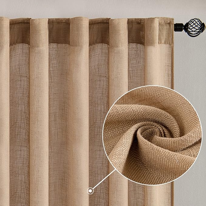 MIULEE Brown Linen Curtains 84 Inch Length for Bedroom Living Room, Soft Thick Linen Textured Window Drapes Semi Sheer Light Filtering Back Tab Rod Pocket Burlap Look, 2 Panels, 37x84 Inches