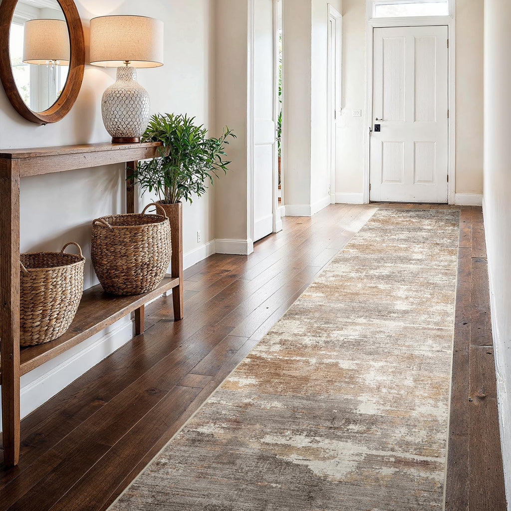 2'6x16 Runner Rug Washable Abstract: Non Slip Hallway Floor Mat Brown/Brick