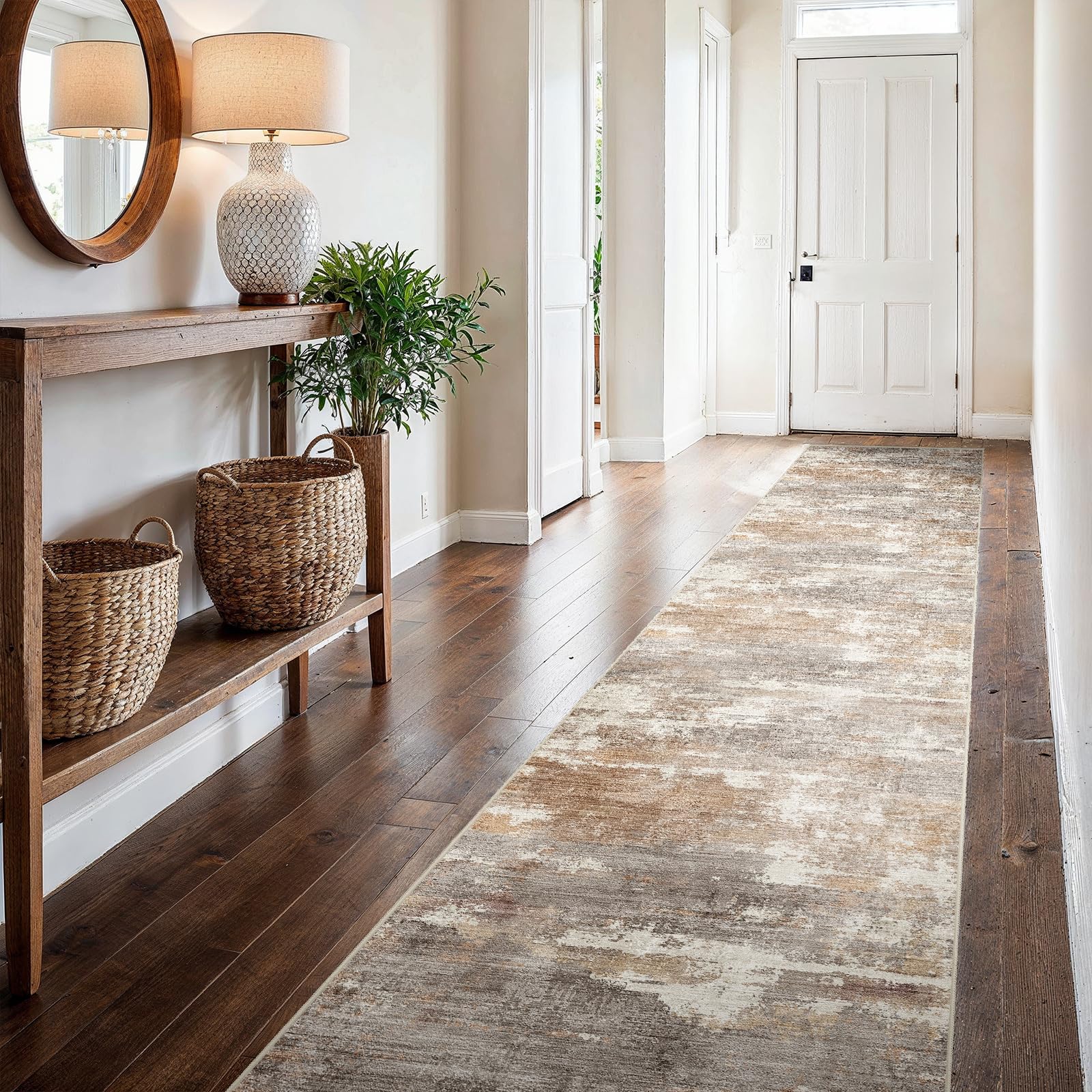 2'6x16 Runner Rug Washable Abstract: Non Slip Hallway Floor Mat Brown/Brick