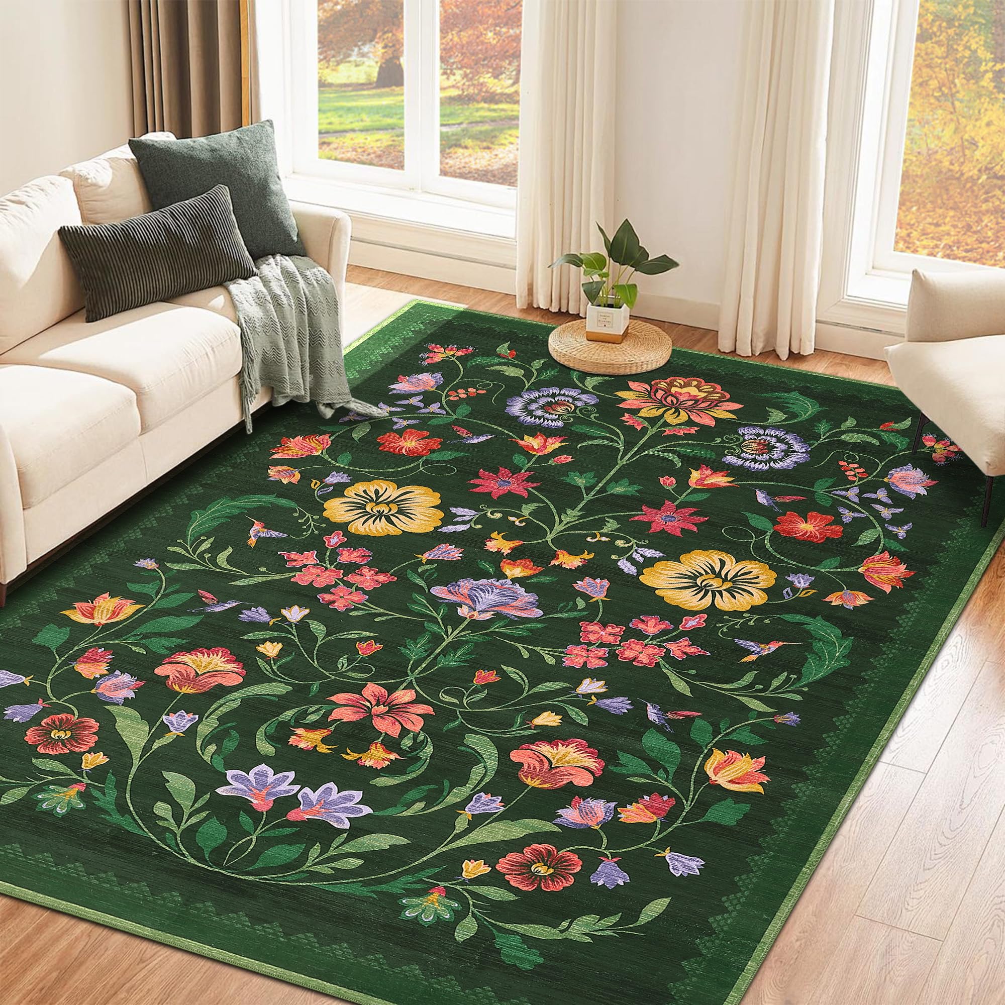 GarveeHome Washable Rug 4x6 Area Rugs for Living Room, Floral Rug for Bedroom, Soft Boho Non Slip Throw Rugs with Rubber Back, Low Pile Stain Resistant Vintage Floral Carpet for Dining Room, Green