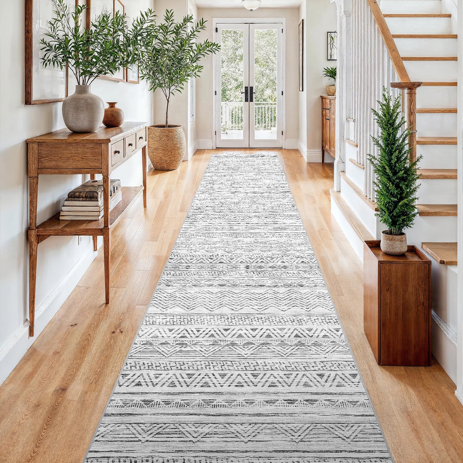 Ksrau 3x15 Runner Rug Washable Moroccan: Non Slip Hallway Floor Mat Grey