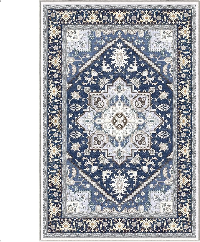 OPPODREAM Soft Area Rugs 6x9, Persian-Inspired Washable Rug, Blue & Gold