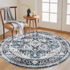 AMADA HOMEFURNISHING Round 4ft Area Rugs, Low-Profile Washable Rug with Non-Slip Backing & Durable Edge Binding, Vintage Rugs for Living Room, Bedroom, Dinning Room