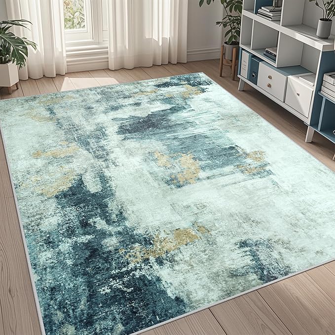 5x8 Area Rugs for Living Room Washable Bedroom Dining Room Teal Grey Gold