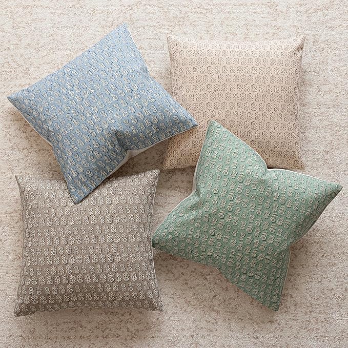 Foindtower Set of 2 Decorative Vintage Floral Print Throw Pillow Covers Neutral Modern Farmhouse Cushion Covers Boho Home Decor for Sofa Couch Chair Bedroom Living Room Outdoor,20×20 Inch,Aqua Blue