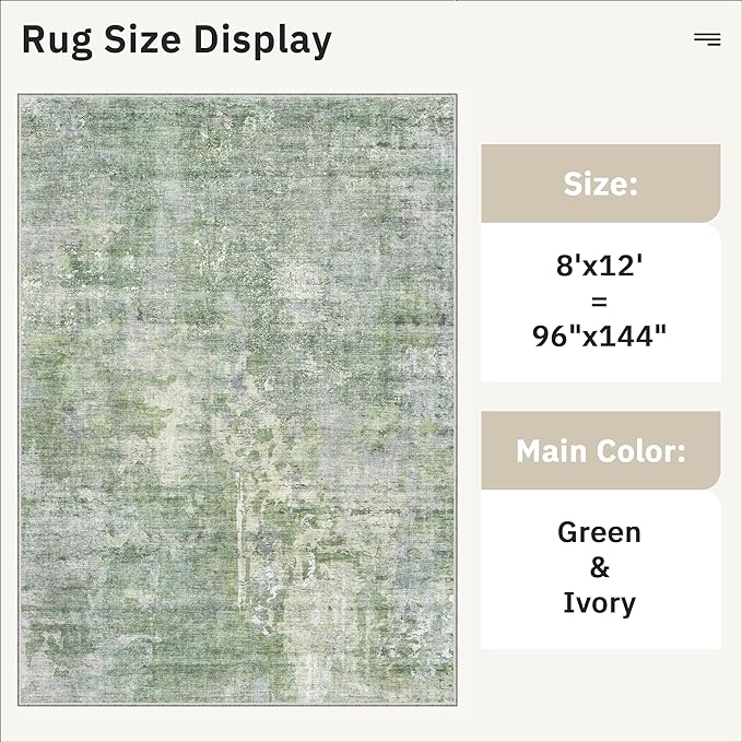 Soalmost Abstract Rug 8x12 Large Living Room Area Rugs Washable Green/Ivory