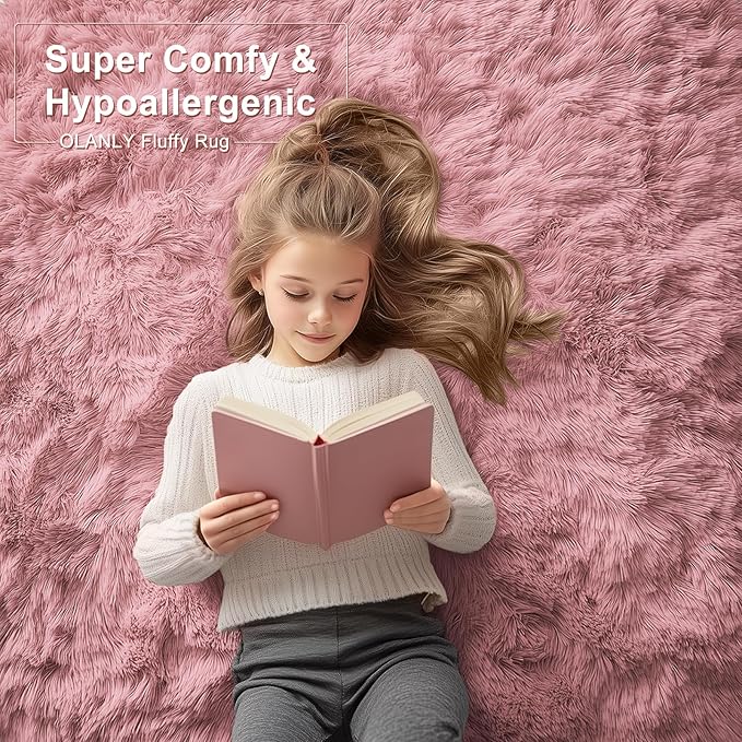 OLANLY 2x8 Machine Washable Runner Rugs for Hallway, Soft Fluffy Shaggy Bedside Rugs for Bedroom, Living Room, Indoor Floor Carpet for Kids Girls Boys, Nursery Rooms, Home Decor Aesthetic, Pale Pink