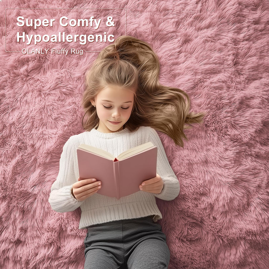 OLANLY 5x8 Machine Washable Large Area Rugs for Living Room, Bedroom, Soft Fluffy Shaggy Bedside Rug, Indoor Floor Carpet for Kids Girls and Boys, Dorms, Nursery, Home Decor Aesthetic, Pale Pink
