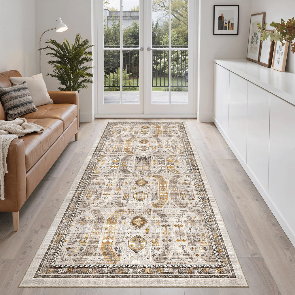 Madane Washable Runner Rug 3x6 Runners for Hallways Non Slip, Brown/Gold